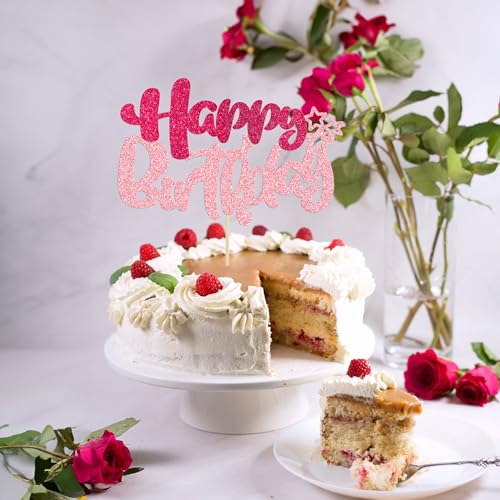 1Pcs Glitter Happy Birthday Cake Topper for Celebrating Anniversary Theme Party Cake Decorations Supplies Rose Red Pink