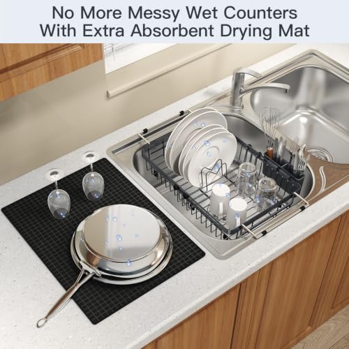 Grey Expandable Dish Drying Rack Over Sink with Extra Drying Mat (Gray / For 13"-30" W Sink with Mat)