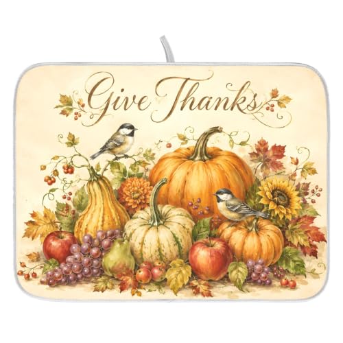 Thanksgiving Dish Drying Mat for Kitchen Counter Absorbent Microfiber Large Drying Pad Fall Autumn Harvest Pumpkin Dish Mats for Kitchen Countertops 18 x 24 Inch (Thanksgiving Harvest / 24" x 18")