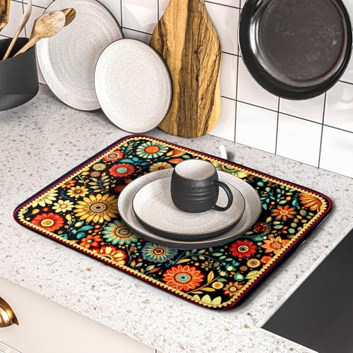 Bohemian Style Flowers Drying Pad Boho Floral Dish Drying Mat for Kitchen Counter Absorbent Microfiber Drainer Rack Mat (Boho Floral Black / 18" x 16")