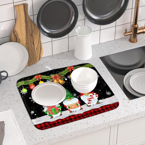Merry Christmas Dish Drying Mat Black Gnomes Dish Drainer Mats 16x18 Inch Holiday Decorative Absorbent Dishes Pad for Kitchen Counter Sink (Christmas Black Gnomes / 16" x 18")