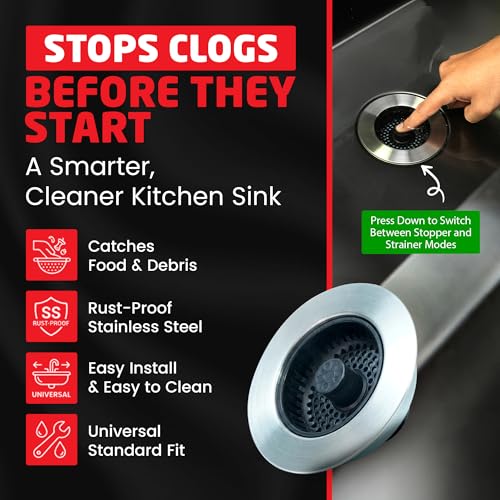 Kitchen Sink Drain Strainer (1-Pack / Built in Stopper (2-in-1))