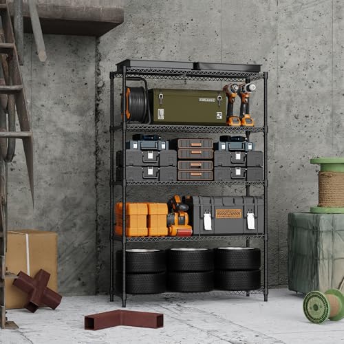 5 Tiers Shelf Metal Storage Shelves Standing 1750 LBs Household Shelf Organizer for Kitchen Pantry Closet Garage Basement Utility Room (5 tier 15.8" D x 45.3" W x 70.4" H / Black)