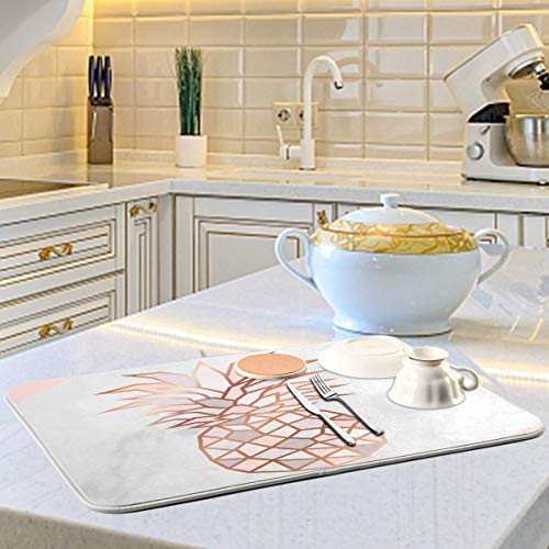 Super Absorbent Dish Drying Mat (Rose Gold Pineapple On Pink White Marble / 18" x 24")