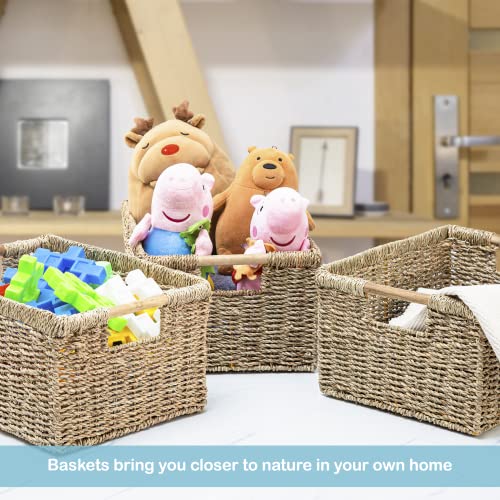 Large Wicker Storage Basket with Wooden Handles (Seagrass / Large (14.5"L x 10.3"W x 7.5"H))