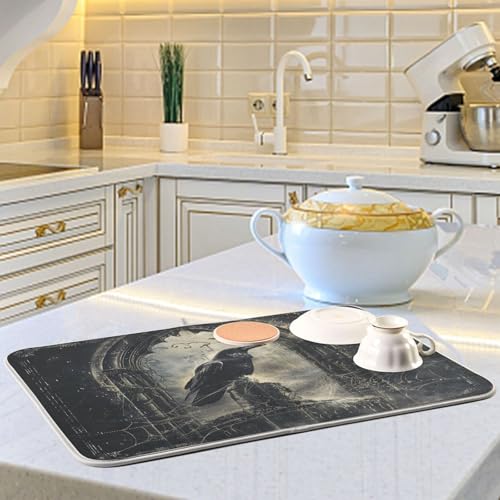 Halloween Crows Dish Drying Mat for Kitchen Counter Absorbent Microfiber Small Drying Pad Dish mats for Kitchen Countertops 16 x 18 Inch (Halloween Crows / 16" x 18")