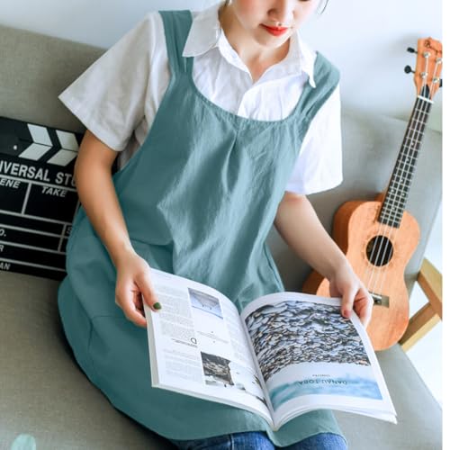 Japanese Cotton Cross Back Kitchen Cooking Aprons for Women with Pockets Cute for Baking Painting Gardening Cleaning Sky Blue (10 - Women's Light Blue)