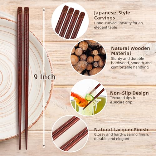 5 Pairs Hardwood Chopsticks Japanese Style Reusable Hand (Natural Wood Style 2)