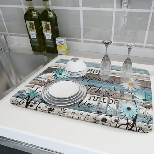 Daisy Floral Dish Drying Mat 18x24 Inches Rustic Wood Microfiber Absorbent Reversible Dish Draining Pad Fast Dry Kitchen Accessories (Home Happiness Wood / 18" x 24")