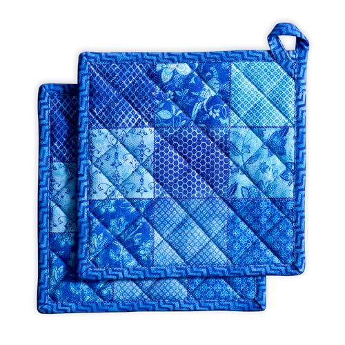 Pot Holders 100% Cotton Potholders (027 - Indigo Love / 8" x 8" (Pot Holder Pack of 2))