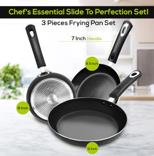 Nonstick Frying Pan Set 3 Piece 8 9.5 11 Inch PFOA Free Grey (Grey-Black)