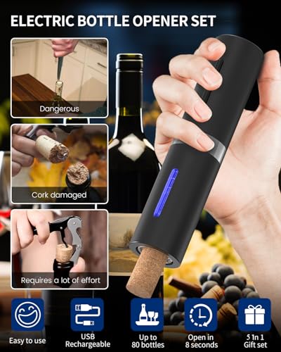 Electric Wine Bottle Opener Set Rechargeable Wine Corkscrew Cordless Wine Set with Charging Base (Black & Silver / Prestige Set)