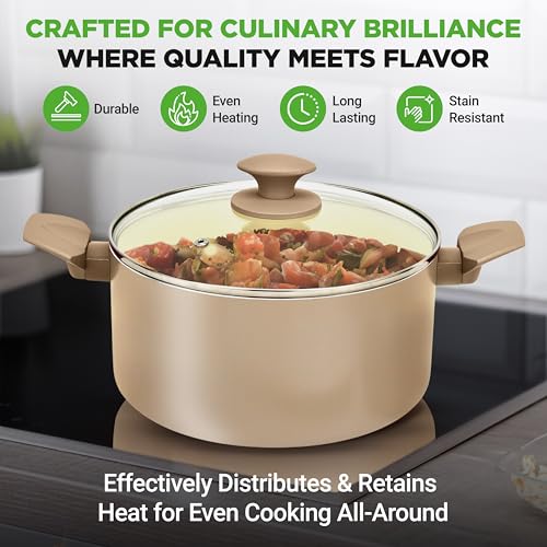 75-Piece Non-Stick Pots and Pans Set, Complete Ceramic Cookware Set with Bakeware, Utensils, Knife Set, & Accessories, Stain-Resistant, Food-Grade Safe, Cream/Brown (Taupe Brown / Assorted Sizes)