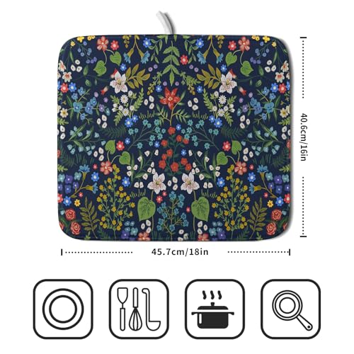 Flower Floral Dish Drying Mat Microfiber Navy Blue Absorbent Drying Pad for Kitchen Counter Small (Colored Flower / 18" x 16")