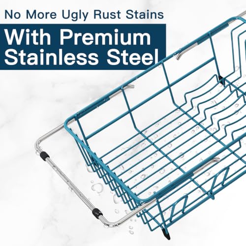 Blue Expandable Dish Drying Rack Over Sink with Anti (Blue / For 11.5"-16" W Sink with Cup Holder)