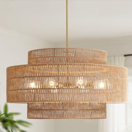 30" Rattan Chandelier for Dining Room (Brown / 30” 8-Light)