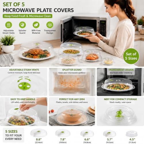 Set of 5 Microwave Plate Covers with Adjustable Steam Vents; Microwave Splatter Covers