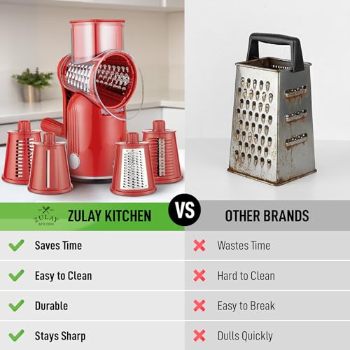 Rotary Cheese Grater Manual Hand Crank 5 Blade Shredder (5 Blades / Classic | Red)