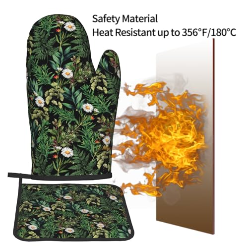 Green Botanical Oven Mitts and Pot Holder Kitchen Accessories Sets Fern Leaves Heat Resistant Baking Cooking Oven Gloves Washable Potholder (Green Botanical)