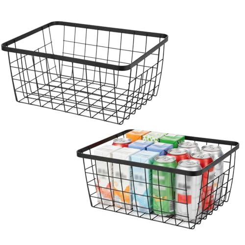 Kitchen Metal Wire Baskets with Handles Food Storage Organizer (Black / 2 Pack New Small)