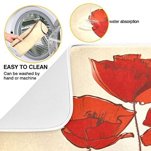 Super Absorbent Dish Drying Mat (Red Poppy Flowers Retro / 16" x 18")
