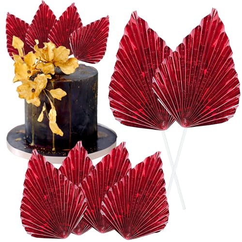 6Pcs Paper Palm Fan Cake Toppers Palm Spear Leaves Fan Cupcake Toppers Cake Insert Decorations Craft DIY Cake Bakeware Decoration for Birthday Party Wedding Party Decor Supplies Light Red (6 Count)