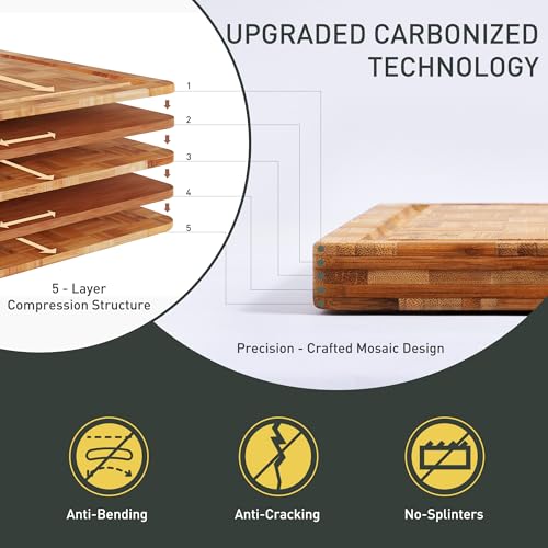3 Pack Heavy Duty Bamboo Cutting Board Set Non Toxic Wooden Cutting Board for Kitchen Non Slip Solid End Grain Thick Wood Juice Groove Chopping Board Extra Large Butcher Block Best House Warming Gift (Multiple Sizes (Set of 3))