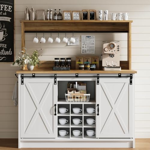 47" Farmhouse Coffee Bar Cabinet with Storage Hutch (47Inch / White)