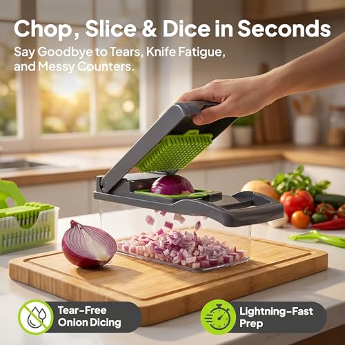 16-in-1 Vegetable Chopper, Mandoline Slicer & Onion Dicer with 1.2L Container, Food Chopper with Stainless Steel Blades, Vegetable Cutter, Cheese Grater, Potato Slicer, Kitchen Gadget
