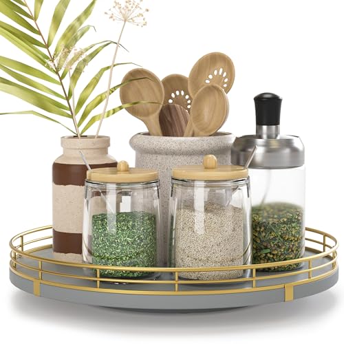 Oroutor 10 Inch Gray Wooden Lazy Susan Spice Organizer for Cabinet (Gray & Gold / 10)