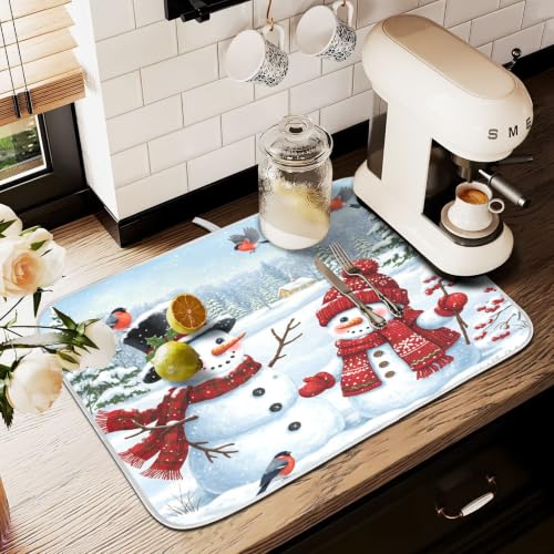 Winter Christmas Snowman Dish Drying Mat for Kitchen Counter Absorbent Microfiber Small Drying Pad Dish Mats Snowflakes for Kitchen Countertops 16 x 18 Inch (Christmas Snowman / 18" x 16")