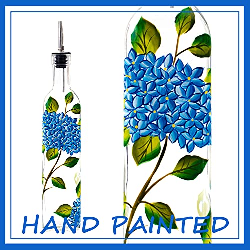 17oz Hand Painted Glass Olive Oil Bottle Dispenser (hydrangea)
