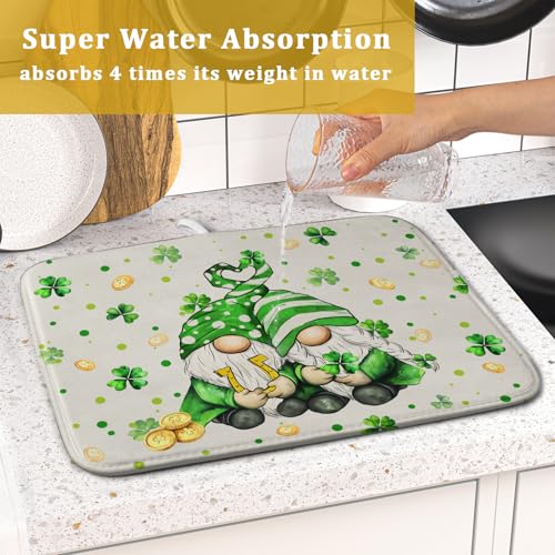 St Patrick's Day Gnome Dish Drying Mat 16x18 inch Lucky Shamrock Absorbent Reversible Dishes Drainer Rack Mat for Coffee Bar Kitchen Decor (Shamrock Gnome / 16" x 18")
