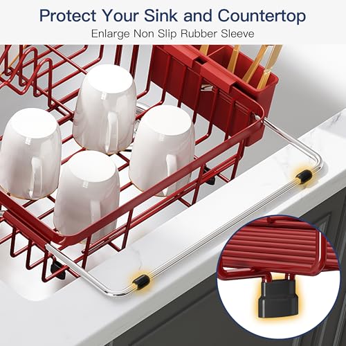 Red Dish Drying Rack Over the Sink with Utensil Holder (Red / For 12.5"-30"w Sink, Expandable)