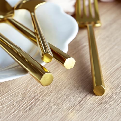 Gold Silverware Set with Hexagon Handle 30 Pieces Service for 6 (Gold / 30 Pcs)
