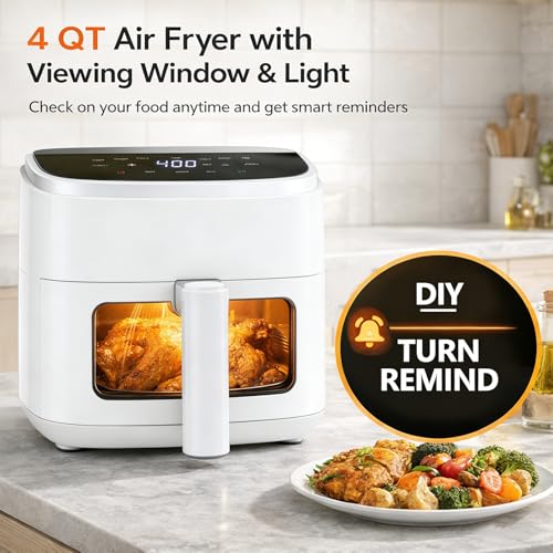 8-in-1 Air Fryer 4 Qt, Digital Preset Airfryer with Visible Window, Nonstick and Dishwasher-Safe Basket for Chips, Bake, Wings, 60-Min Timer, 1500W, White (White-4 Qt / 4 Qt)