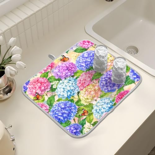 Hydrangea Flowers with Butterfly Dish Drying Mat for Kitchen Counter Absorbent Microfiber Large Drying Pad Dish mats for Kitchen Countertops 18 x 24 Inch (Spring Hydrangea Flowers / 24" x 18")