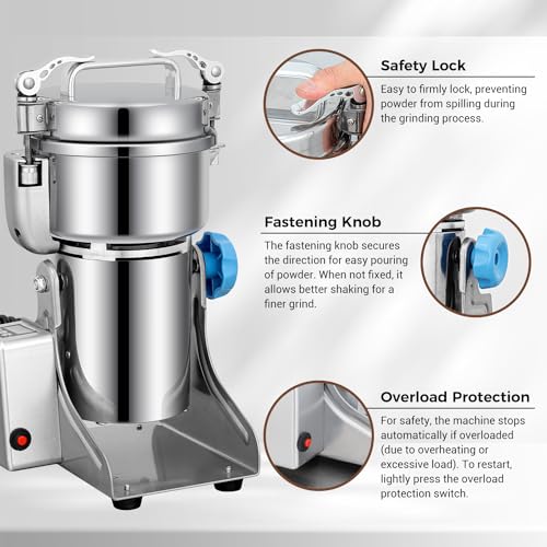 Grain Mill 500g Commercial Spice Grinders Electric 1500W Stainless Steel Pulverizer Dry Grinder for Grinding Wheat (500G)