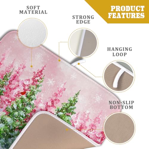 Pink Christmas Dish Drying Mat for Kitchen Counter Absorbent Dish Dry Pad (Winter Forest Colorful / 18" x 16")