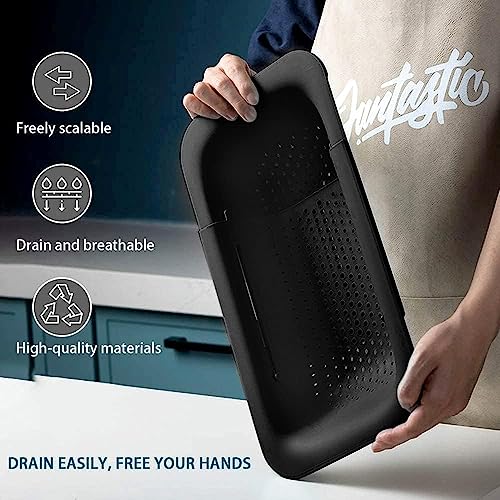 Collapsible Sink Colanders and Strainers Basket Extendable Plastic Fruit Vegetable Strainer Drainer Basket for Kitchen (J-Double Black)