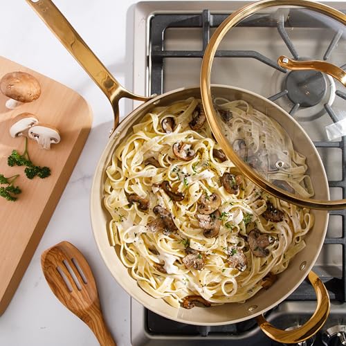 Non Stick Frying Pan (Almond Cream w/ Gold Handle / Saute Pan w/ Lid (6-Quart))