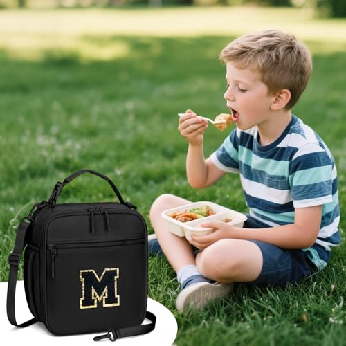 Lunch Box Kids Large Initial Insulated Lunch Bag for Girls (Black / M)