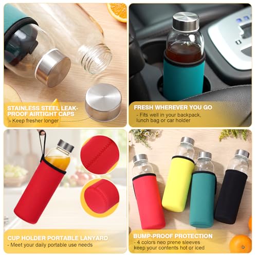 12 Pack Glass Water Bottles with Sleeves (Low Profile / Multicolored)