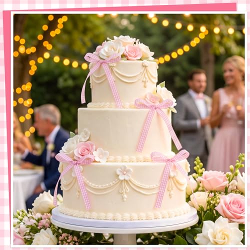 30 Pack Bow Cake Toppers Pink Gingham Ribbon Bows for Cake (Pink Gingham)