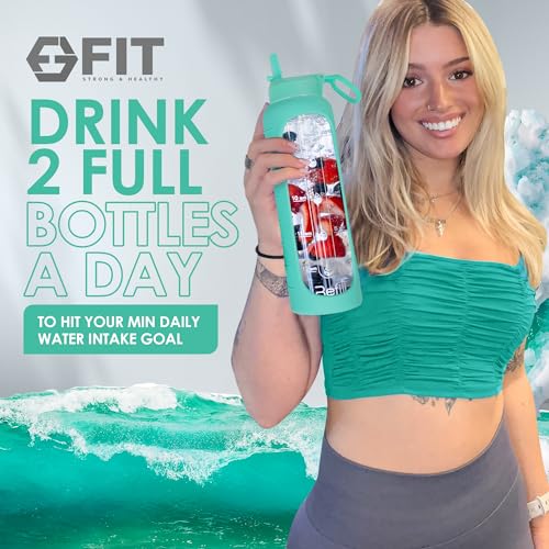 32 oz Glass Water Bottles with Straw Lid & Time Marker (Seafoam Sleeve)