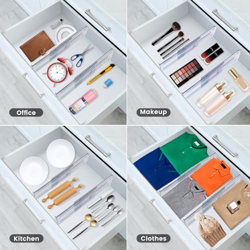 6 Pack Adjustable Drawer Dividers for Clothes (6 PCS-T2-Clear-4 IN)
