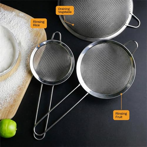Premium Stainless Steel Fine Mesh Strainers for Kitchen 3 (Silver - 8/12/18 CM)