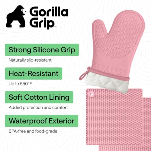 BPA Free Silicone Oven Mitts and Pot Holders Set (Pink / 12.5" Oven Mitts + 7" Trivets)