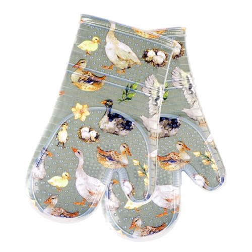 Oven Mitts with Transparent Clear Silicone Shell and Nice Duck Printing (Oven mitts / Wathet Blue)