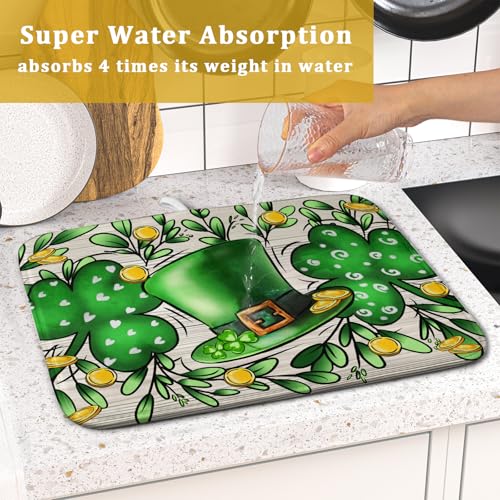 St Patrick's Day Shamrock Dish Drying Mat 16x18 inch Eucalyptus Leaves Dishes Pad Dish Drainer Mats Absorbent Fast Dry Kitchen Accessories (Shamrock Leaves / 16" x 18")